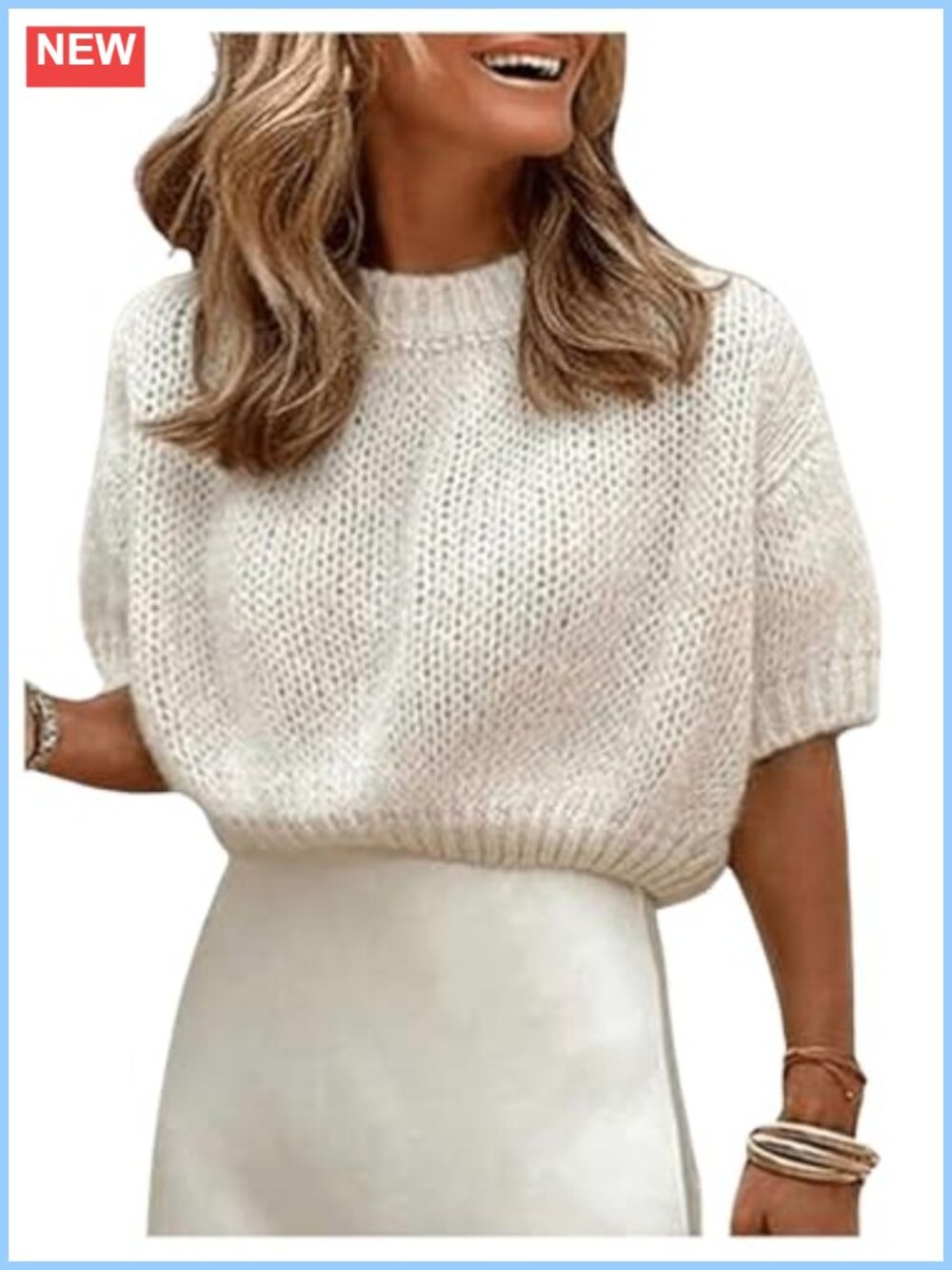 Puff Short Sleeve Lightweight Acrylic Crop Sweater Casual Crew Neck Pullover